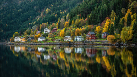 A photograph of Scandinavian fjords 376 with fjord harbor village, scandinavian spruce trees,...