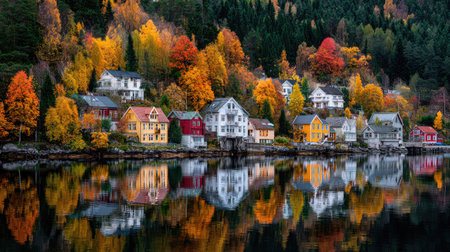 A photograph of Scandinavian fjords with fjord harbor village, scandinavian forest edge, colorful...