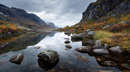A photograph of Scandinavian fjords 77 with fjord shoreline cliffs, sparse tundra plants, colorful...