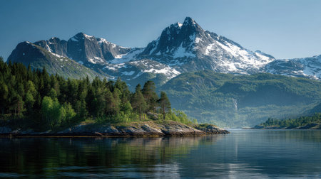 A photograph of Scandinavian fjords 412 with fjord surrounded by snowy mountains, wind shaped...