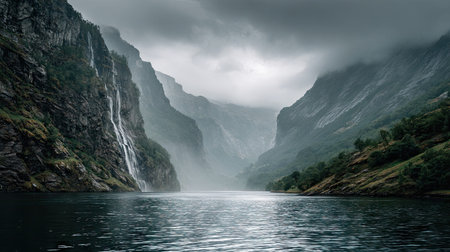 A photograph of Scandinavian fjords 67 with fjord valley with winding fjord waters, waterfall mist, bright scandinavian summer, ultra realistic landscape photography, wide angle lens, natural colors, clean composition, no peopleの写真素材