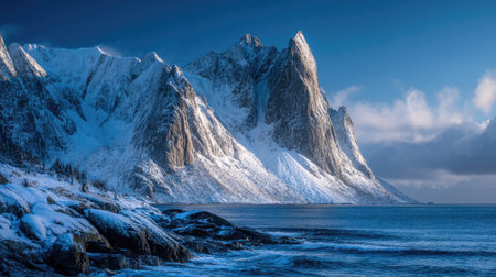 A photograph of Scandinavian fjords 11 with fjord coastal headland, glacial rock formations, snowy...