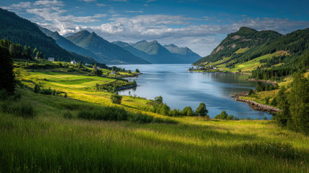 A photograph of Scandinavian fjords 110 with fjord coastal settlement, alpine grass meadows, bright...