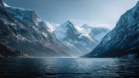 A photograph of Scandinavian fjords 118 with fjord surrounded by snowy mountains, fjord sea mist,...