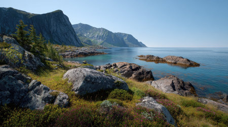 A photograph of Scandinavian fjords 17 with fjord shoreline with rocky cliffs, low arctic shrubs,...