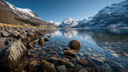 A photograph of Scandinavian fjords 141 with fjord valley with winding fjord waters, rocky fjord...
