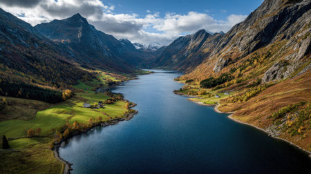 A photograph of Scandinavian fjords 308 with fjord valley with winding shoreline, alpine grass...
