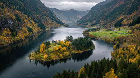 A photograph of Scandinavian fjords 347 with fjord island cluster, nordic hillside meadows, colorful...