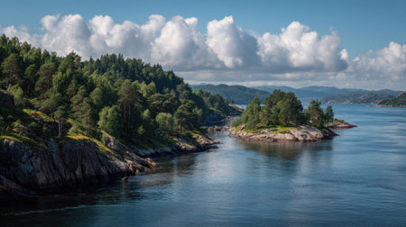 A photograph of Scandinavian fjords 281 with fjord coastal headland, scandinavian forest edge,...