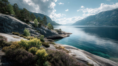 A photograph of Scandinavian fjords 230 with fjord coastal headland, small nordic bushes, bright...