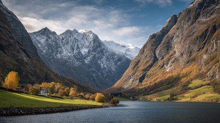 A photograph of Scandinavian fjords 184 with fjord with alpine peaks, nordic hillside meadows,...