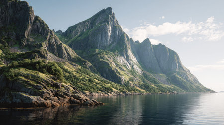 A photograph of Scandinavian fjords 247 with fjord mountain ridge, rocky alpine terrain, bright...