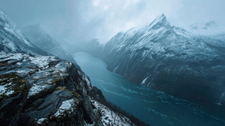 A photograph of Scandinavian fjords with fjord peninsula viewpoint, waterfall mist, snowy nordic...