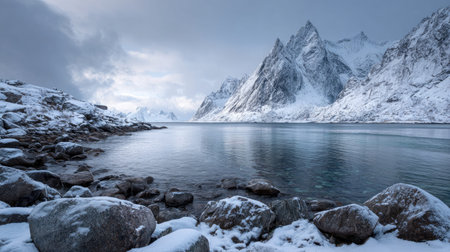 A photograph of Scandinavian fjords 296 with fjord coastal inlet, glacial rock formations, snowy...