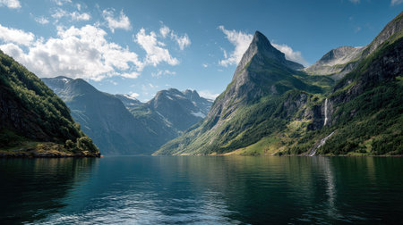 A photograph of Scandinavian fjords 364 with fjord mountain pass, fjord waterfalls, bright...