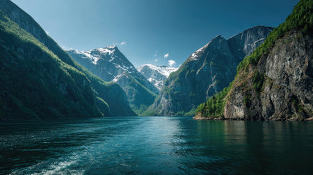 A photograph of Scandinavian fjords 283 with fjord surrounded by snowy mountains, glacial carved...