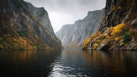 A photograph of Scandinavian fjords 292 with fjord with dramatic vertical cliffs, fjord waterfalls,...