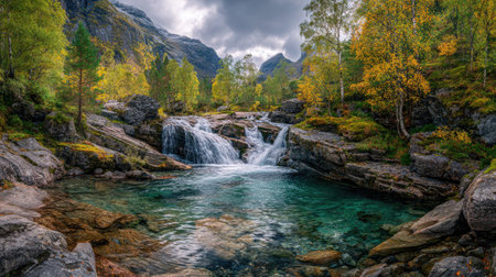 A photograph of Scandinavian fjords with cascading waterfalls, nordic birch forest, colorful nordic...
