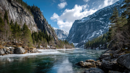 A photograph of Scandinavian fjords with glacial fjord valley, norwegian pine forest, nordic spring...