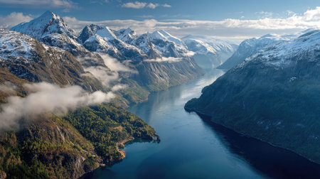 A photograph of Scandinavian fjords 400 with fjord valley with winding shoreline, waterfall mist,...