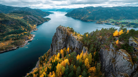 A photograph of Scandinavian fjords 46 with fjord peninsula viewpoint, glacial rock formations,...