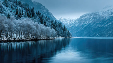 A photograph of Scandinavian fjords 481 with deep blue fjord waters, nordic birch forest, snowy...
