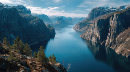 A photograph of Scandinavian fjords 64 with fjord bay between cliffs, small nordic bushes, nordic...