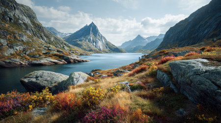 A photograph of Scandinavian fjords 86 with fjord with distant mountain peaks, wild alpine flowers,...