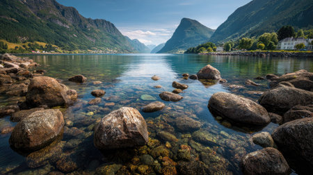 A photograph of Scandinavian fjords 90 with fjord harbor village, scattered fjord boulders, bright...