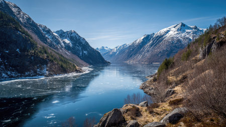 A photograph of narrow norwegian fjord, nordic mountain shrubs, nordic spring thaw, ultra realistic...
