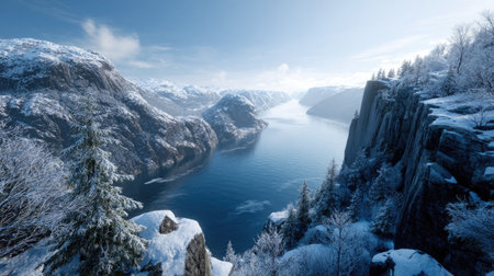 A photograph of Scandinavian fjords 337 with fjord coastal inlet, fjord cliff vegetation, snowy...
