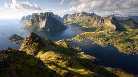 A photograph of Scandinavian fjords 375 with fjord coastal settlement, alpine tundra vegetation,...