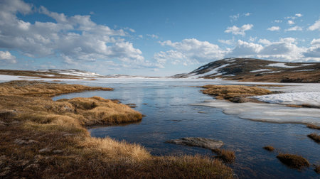 A photograph of Nordic tundra 303 with tundra ridge overlooking frozen lake, tundra sedge grass,...
