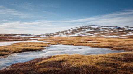 A photograph of Nordic tundra 389 with arctic tundra lowlands, tundra sedge grass, arctic spring...