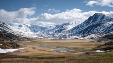 A photograph of Nordic tundra 212 with glacial tundra valley, tundra grasses, arctic spring thaw,...