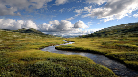 A photograph of Nordic tundra with tundra valley with winding stream, arctic heather plants, short...