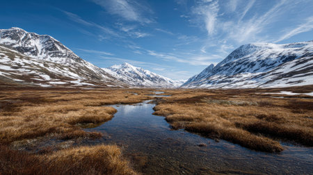 A photograph of Nordic tundra 347 with arctic tundra valley, small tundra streams, arctic spring...