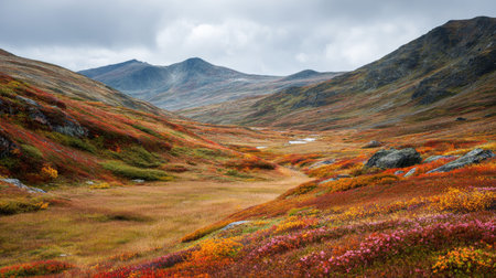 A photograph of Nordic tundra 284 with arctic tundra ridge line, tundra berry plants, colorful...