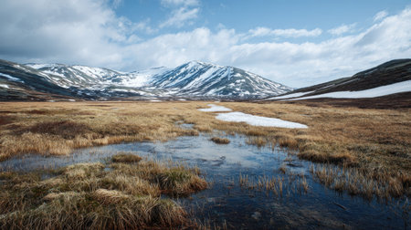 A photograph of Nordic tundra 402 with nordic tundra valley floor, tundra wetlands, arctic spring...
