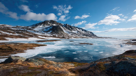 A photograph of Nordic tundra 272 with tundra ridge overlooking frozen lake, frozen tundra ponds,...