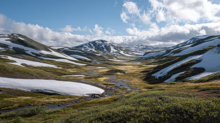 A photograph of Nordic tundra 406 with arctic tundra valley, patches of snow, short tundra summer,...