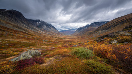 A photograph of Nordic tundra 244 with glacial tundra valley, tundra dwarf shrubs, colorful tundra...