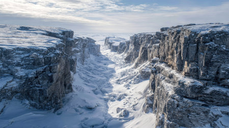 A photograph of Nordic tundra 227 with rocky tundra canyon, tundra frost patterns, frozen arctic...