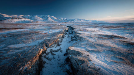 A photograph of Nordic tundra 304 with tundra overlooking arctic coast, permafrost soil cracks, arctic spring thaw, ultra realistic landscape photography, wide angle lens, natural colors, clean composition, no peopleの写真素材