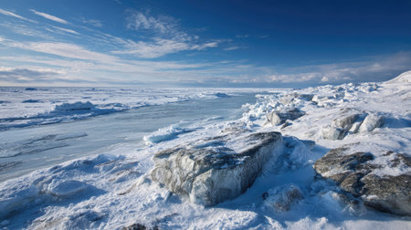 A photograph of Nordic tundra 283 with tundra overlooking arctic coast, icy tundra ground, frozen...
