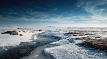 A photograph of tundra with tundra overlooking arctic coast, small tundra streams, frozen arctic...