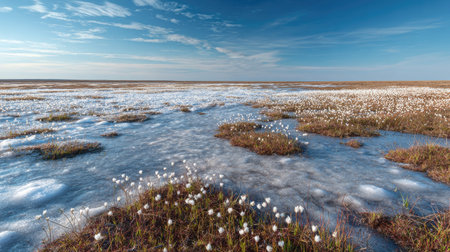 A photograph of Nordic tundra 466 with tundra landscape with frozen wetlands, arctic wildflowers,...