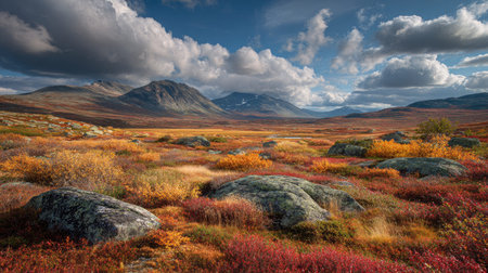 A photograph of Nordic tundra with rocky tundra highlands, tundra marsh vegetation, colorful tundra autumn, ultra realistic landscape photography, wide angle lens, natural colors, clean composition, no peopleの写真素材