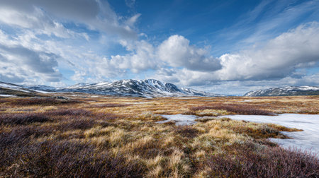 A photograph of Nordic tundra 480 with tundra plateau under vast sky, dwarf birch shrubs, arctic...