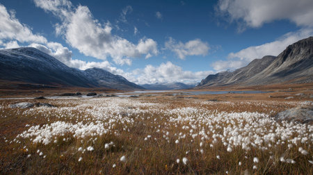 A photograph of Nordic tundra 474 with glacial tundra valley, arctic cotton grass, arctic spring...